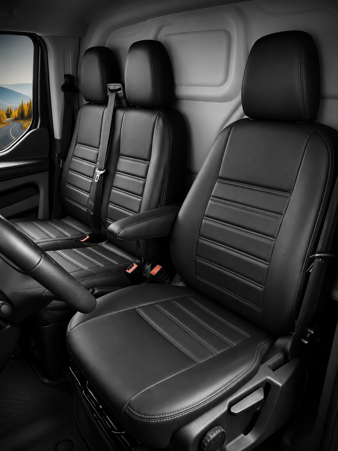 Stoelhoezen Ford Transit Custom 2012 - 2023 – Fezz zwart – lederen stoelhoezen – perfecte pasvorm (Stoel/Bank-met voorbereiding klaptafel in de rugleuning)