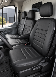 Stoelhoezen Ford Transit 2014 - heden – Fezz zwart – lederen stoelhoezen – perfecte pasvorm (Stoel/Bank-met voorbereiding klaptafel in de rugleuning)