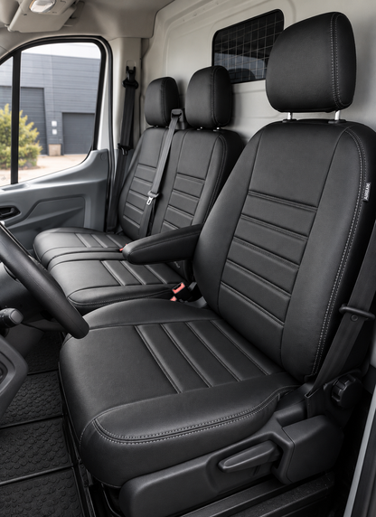 Stoelhoezen Ford Transit 2014 - heden – Fezz zwart – lederen stoelhoezen – perfecte pasvorm (Stoel/Bank-met voorbereiding klaptafel in de rugleuning)