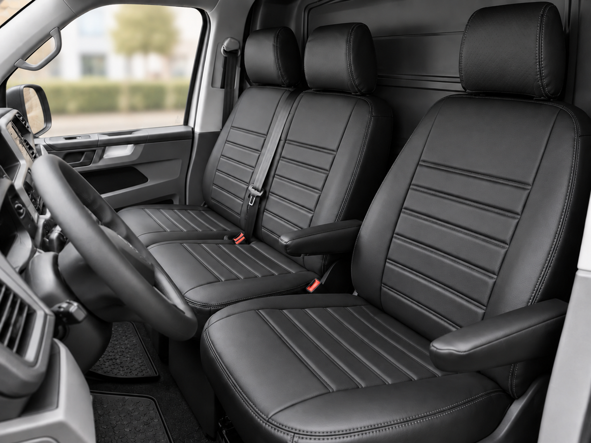 Stoelhoezen Volkswagen Transporter 2003 - 2015 – Fezz zwart – lederen stoelhoezen – perfecte pasvorm (Stoel/Bank)