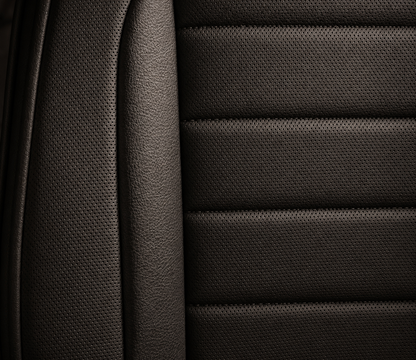 Stoelhoezen Ford Transit Custom 2012 - 2023 – Fezz zwart – lederen stoelhoezen – perfecte pasvorm (Stoel/Bank-met voorbereiding klaptafel in de rugleuning)