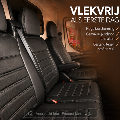 Stoelhoezen Ford Transit Custom 2012 - 2023 – Fezz zwart – lederen stoelhoezen – perfecte pasvorm (Stoel/Bank-met voorbereiding klaptafel in de rugleuning)
