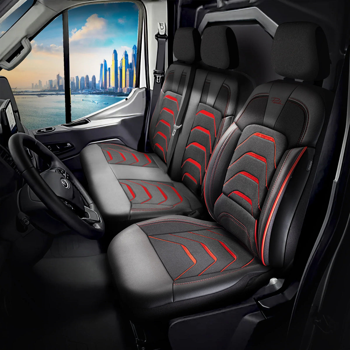 Bodrum stoelhoes, stoelhoezen voor Fiat E-Ducato 2021 – heden, Zwart Rood, Jacquard stof Lederenlook, Stoel/Bank