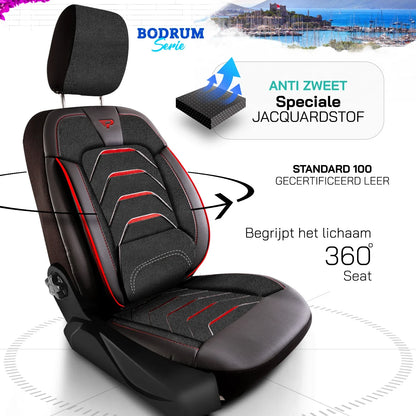 Bodrum stoelhoes, stoelhoezen voor Fiat E-Ducato 2021 – heden, Zwart Rood, Jacquard stof Lederenlook, Stoel/Bank