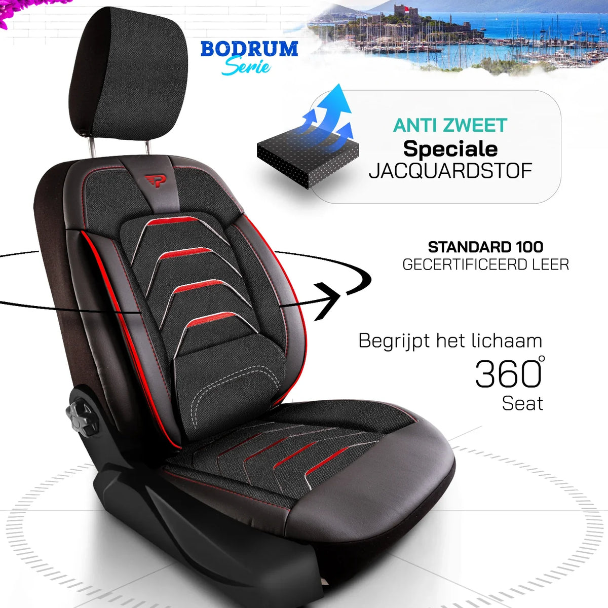 Bodrum stoelhoes, stoelhoezen voor Opel Movano 2021 – heden, Zwart Rood, Jacquard stof Lederenlook, Stoel/Bank