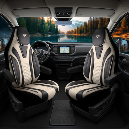 Camper stoelhoezen Ford E-Transit 2022 - heden - Tokyo Beige - Premium kunstleer & suède - Uniek design - 2 losse voorstoelen