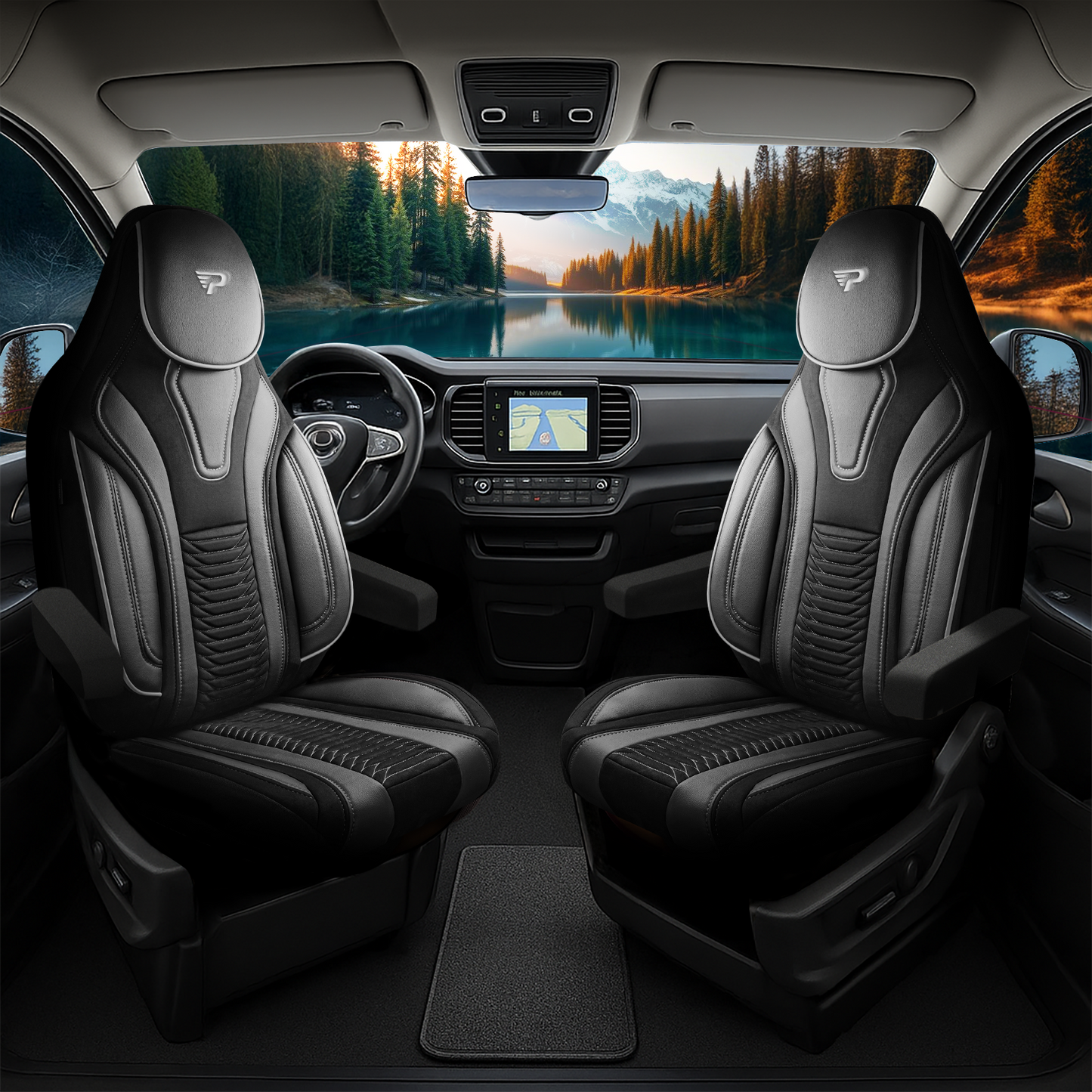 Camper stoelhoezen Ford E-Transit Custom 2023 - heden - Tokyo Zwart - Premium kunstleer & suède - Uniek design - 2 losse voorstoelen