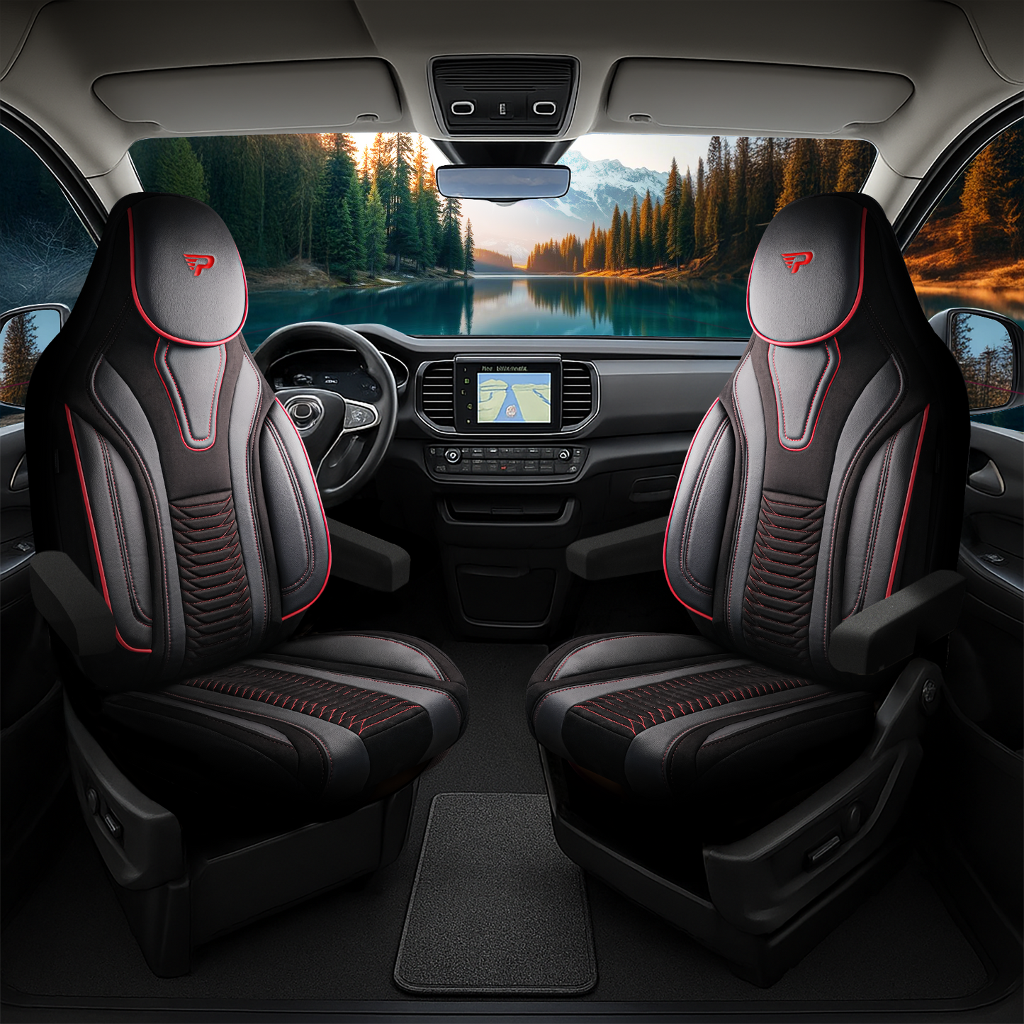 Camper stoelhoezen Ford E-Transit 2022 - heden - Tokyo Rood - Premium kunstleer & suède - Uniek design - 2 losse voorstoelen