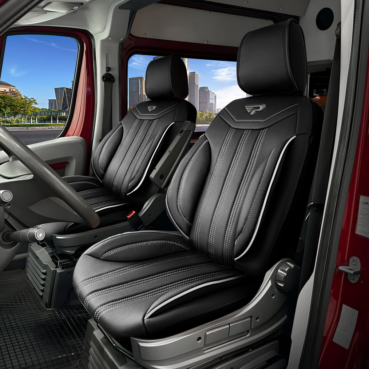 Stoelhoezen Kia PV5 Cargo 2025 - heden – Miami zwart/grijs – perfecte pasvorm (Stoel/Stoel)