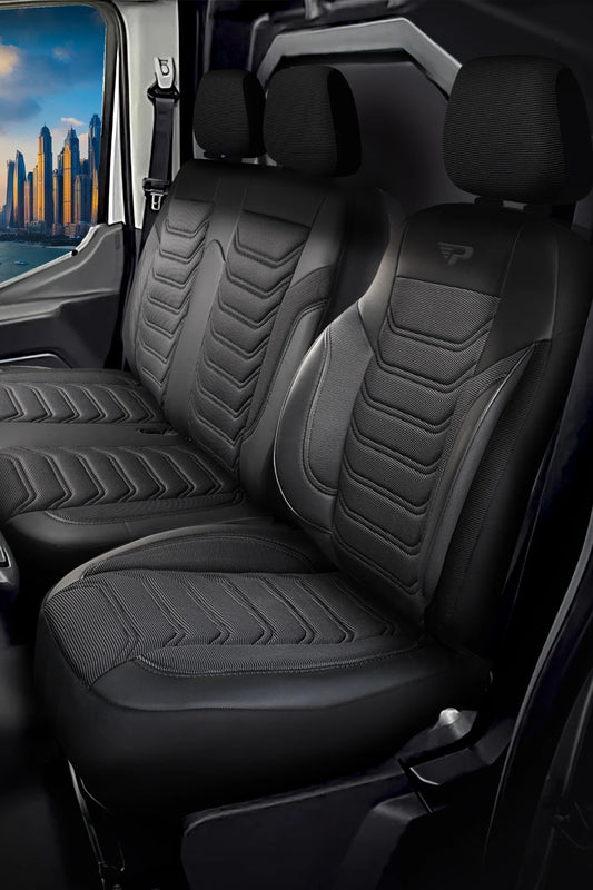 Stoelhoezen Ford E-Transit Custom 2023 - heden – Florida zwart/grijs – perfecte pasvorm (Stoel/Bank - zonder voorbereiding klaptafel in de rugleuning)