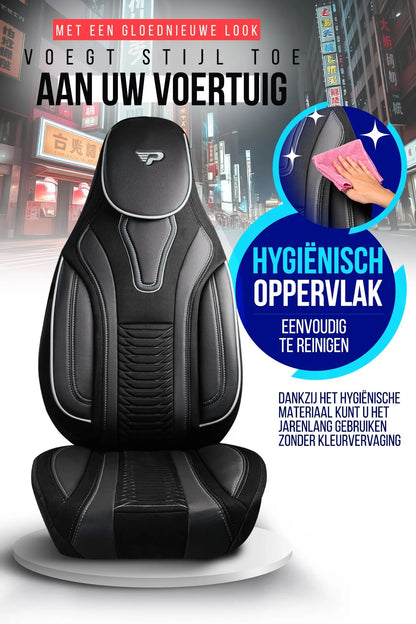 Camper stoelhoezen Volkswagen e-Transporter 2024 - heden - Tokyo Zwart - Premium kunstleer & suède - Uniek design - 2 losse voorstoelen