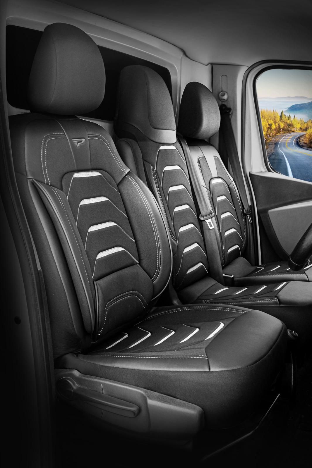 Bodrum stoelhoes, stoelhoezen voor Opel Movano 2010 – 2024, Zwart Grijs, Jacquard stof Lederenlook, Stoel/Bank-met splitsing 