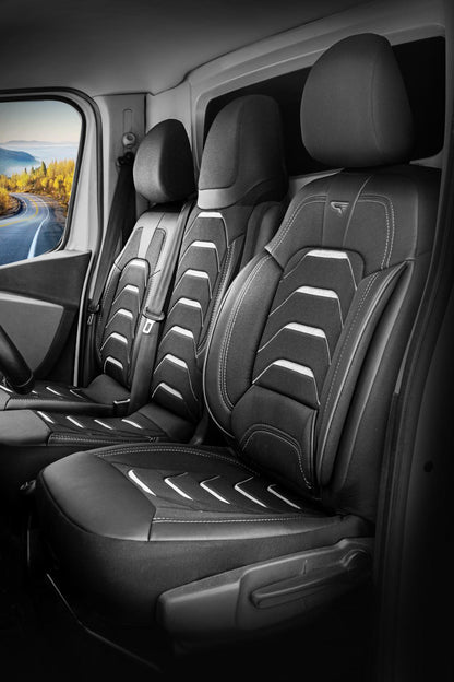 Bodrum stoelhoes, stoelhoezen voor Nissan Primastar 2022 – heden, Zwart Grijs, Jacquard stof Lederenlook, Stoel/Bank-met spli